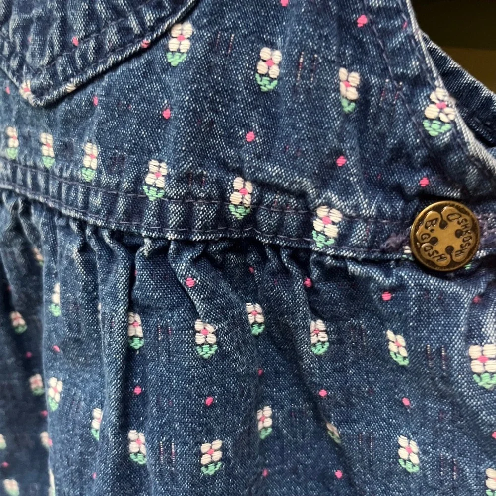 Vintage OshKosh Bgosh Girls Blue Denim Floral Embroidered Overall Dress Size 5